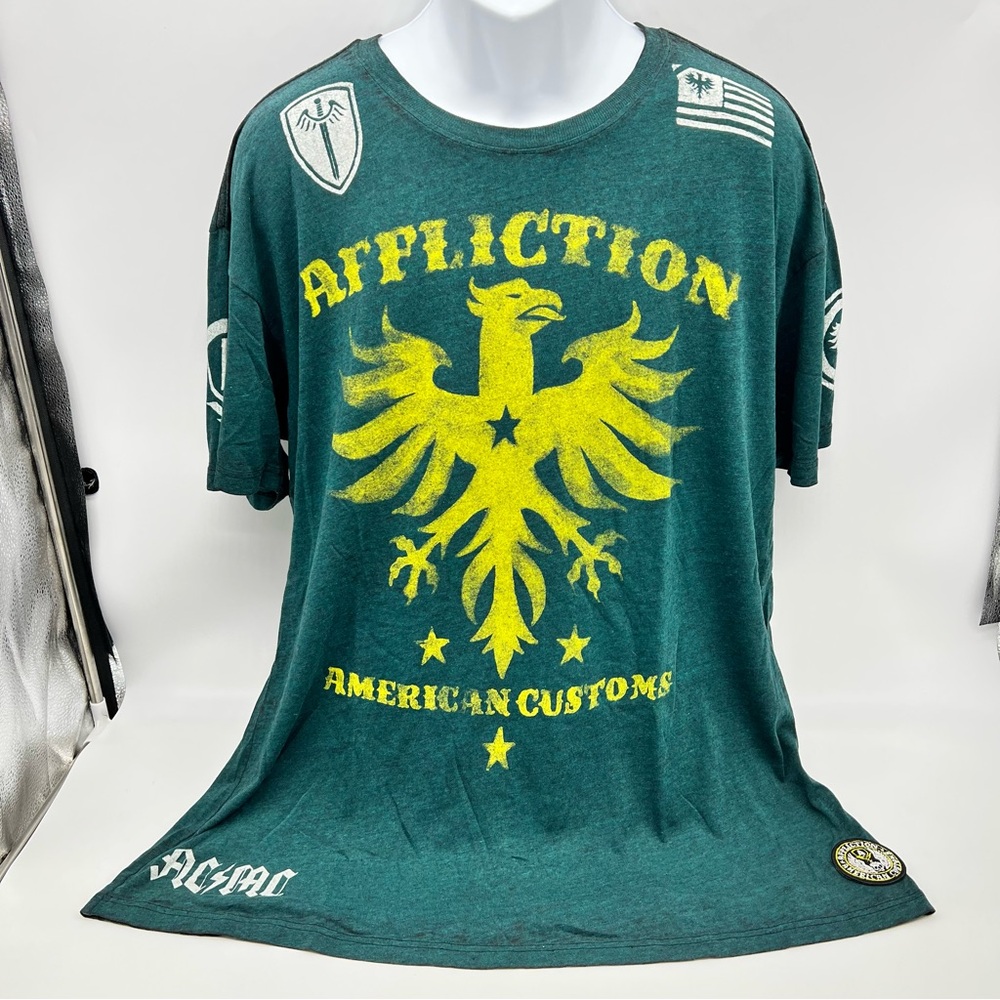 Affliction Men’s Deep Green w/Yellow and White Print Graphic Eagle Tee-3XL